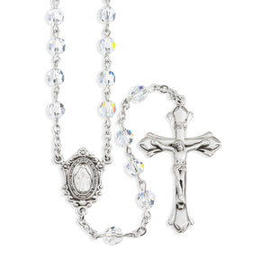6mm Clear Swarovski Crystal Rosary, Sterling Silver Crucifix and Center