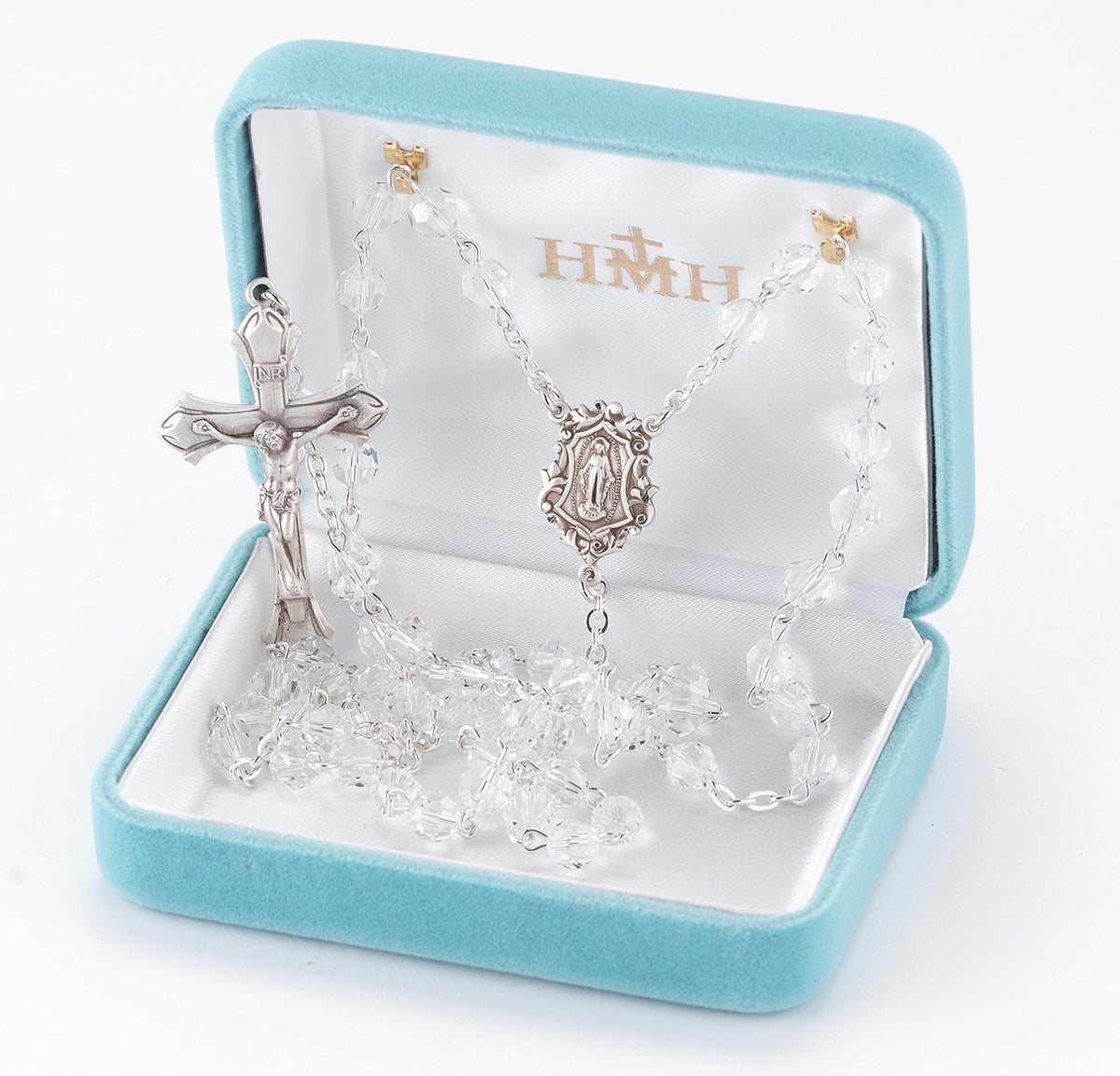 6mm Clear Swarovski Crystal Rosary, Sterling Silver Crucifix and Center