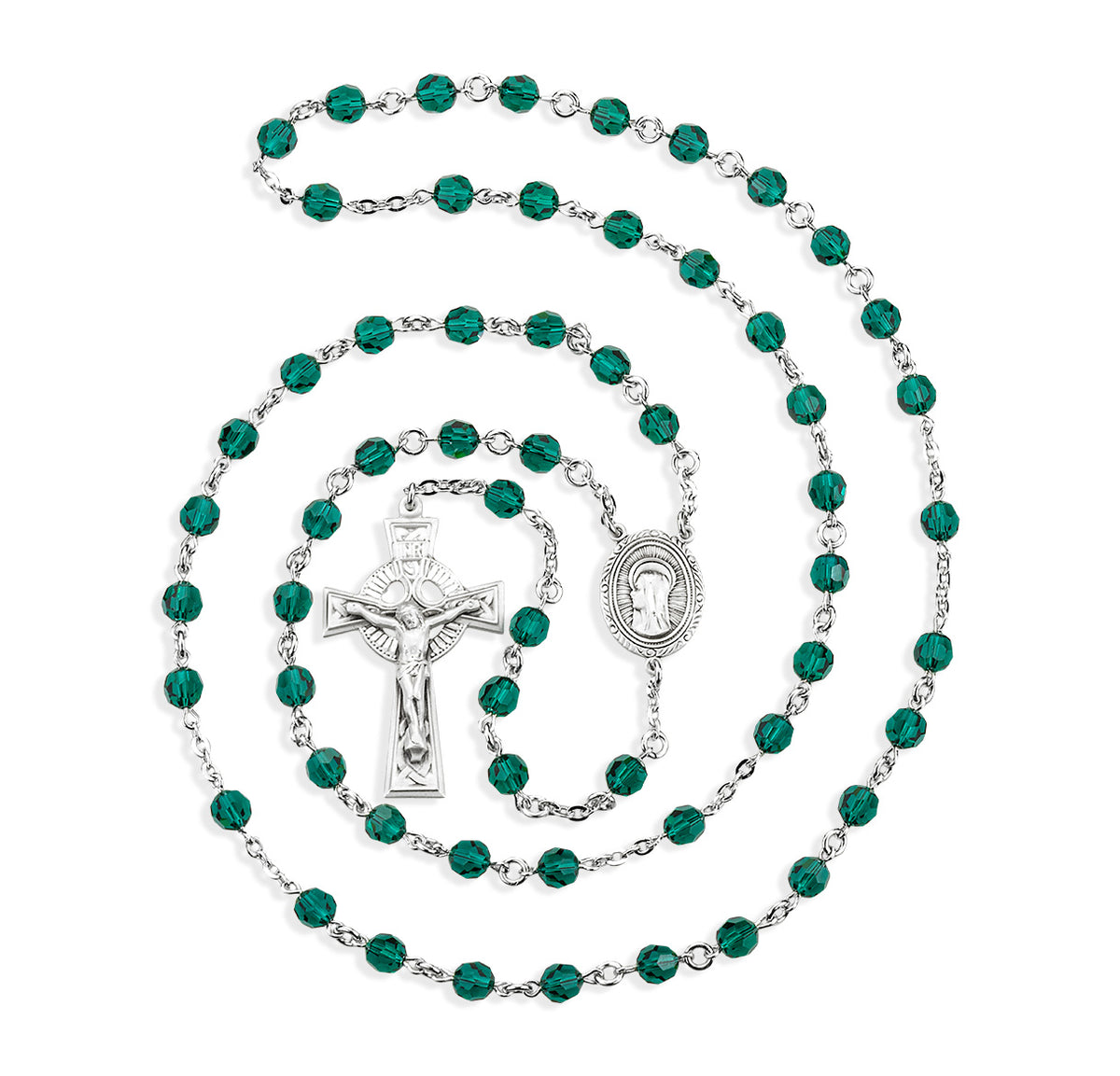 6mm Emerald Swarovski Crystal Rosary, Sterling Silver Crucifix and Center