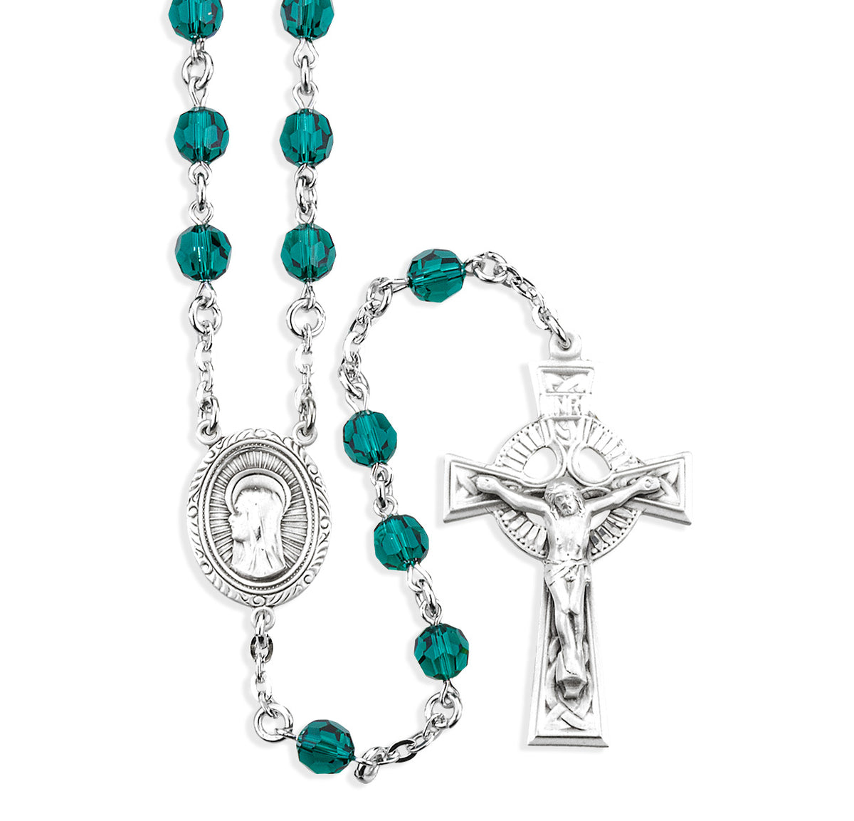 6mm Emerald Swarovski Crystal Rosary, Sterling Silver Crucifix and Center