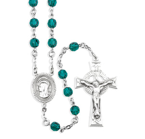 6mm Emerald Swarovski Crystal Rosary, Sterling Silver Crucifix and Center