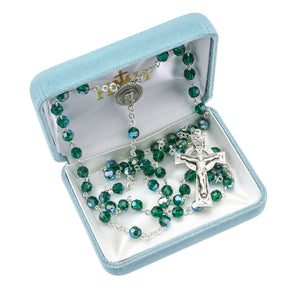 6mm Emerald Swarovski Crystal Rosary, Sterling Silver Crucifix and Center