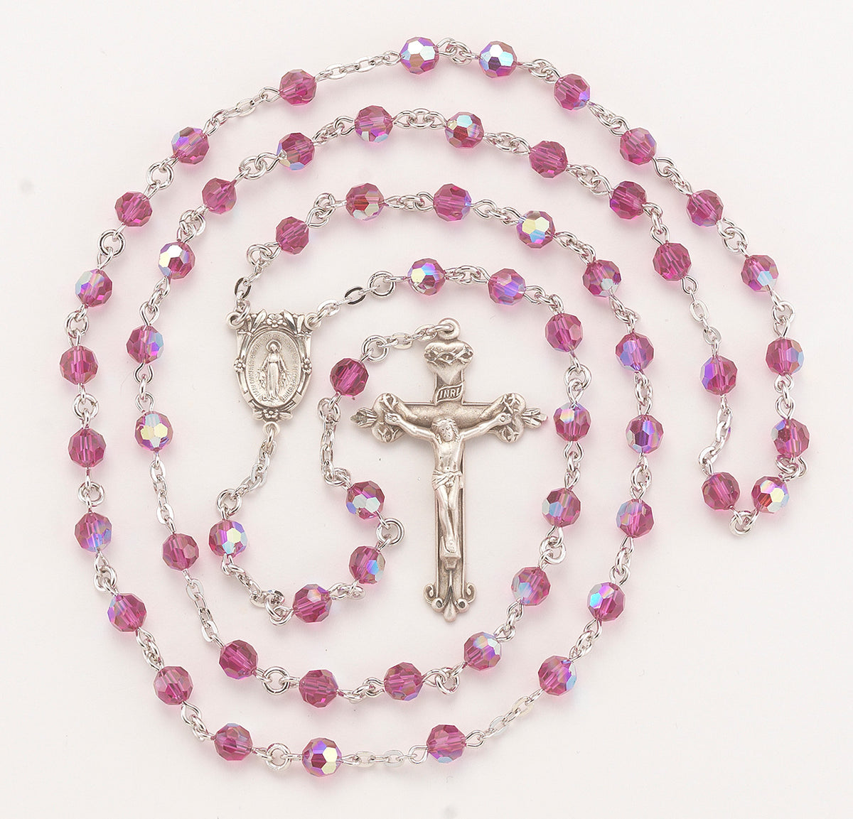6mm Fuchsia Swarovski Crystal Rosary, Sterling Silver Crucifix and Center