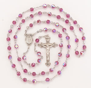 6mm Fuchsia Swarovski Crystal Rosary, Sterling Silver Crucifix and Center