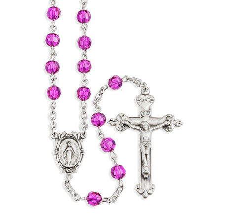6mm Fuchsia Swarovski Crystal Rosary, Sterling Silver Crucifix and Center