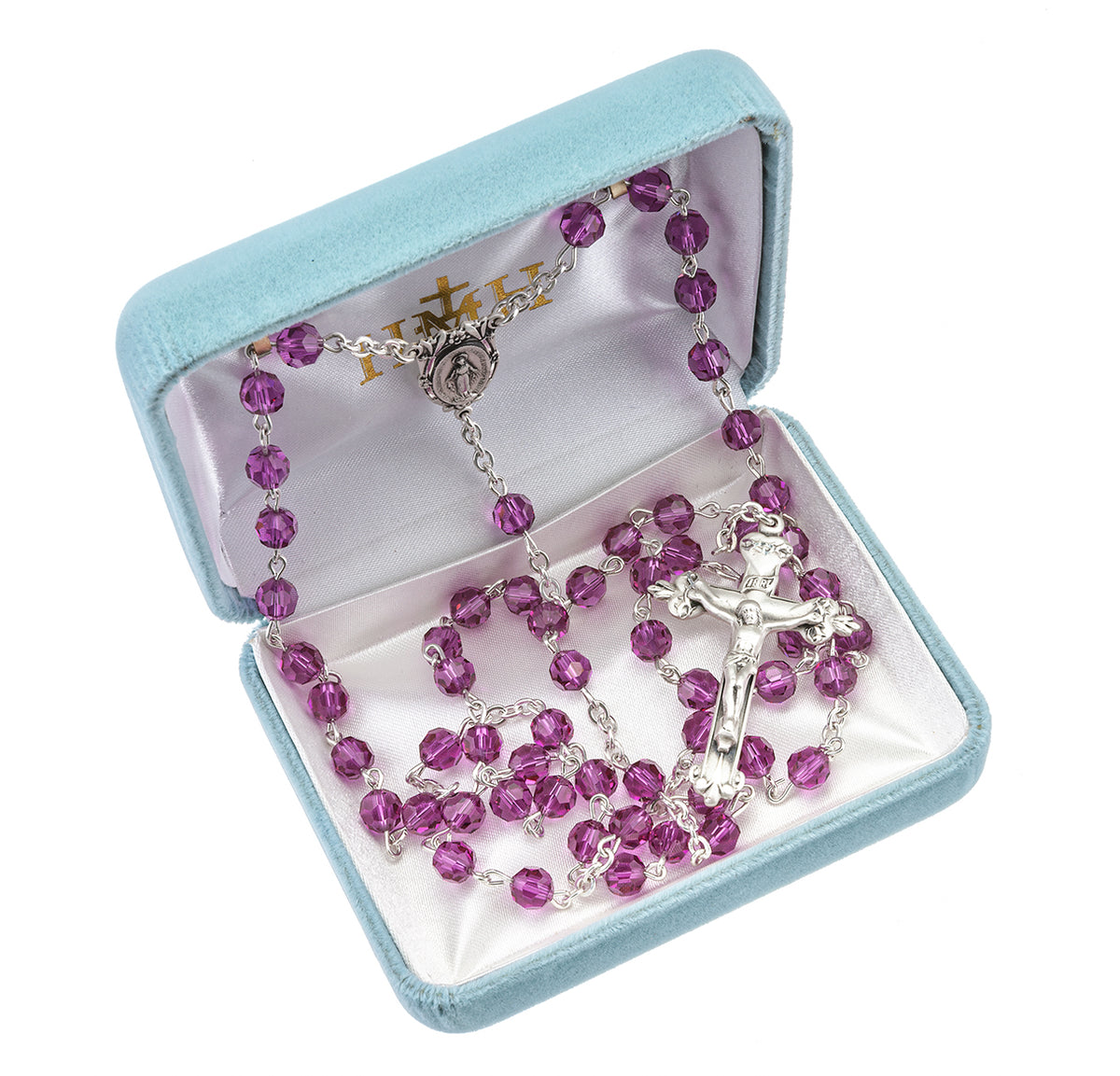 6mm Fuchsia Swarovski Crystal Rosary, Sterling Silver Crucifix and Center
