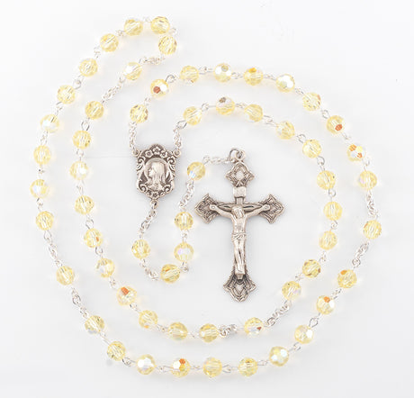 6mm Jonquil Swarovski Crystal Rosary, Sterling Silver Crucifix and Center