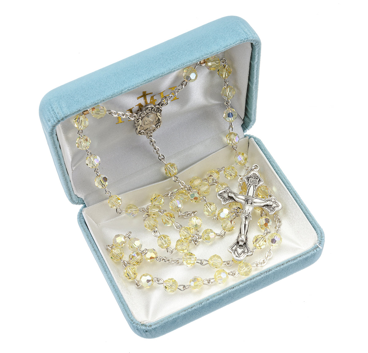 6mm Jonquil Swarovski Crystal Rosary, Sterling Silver Crucifix and Center
