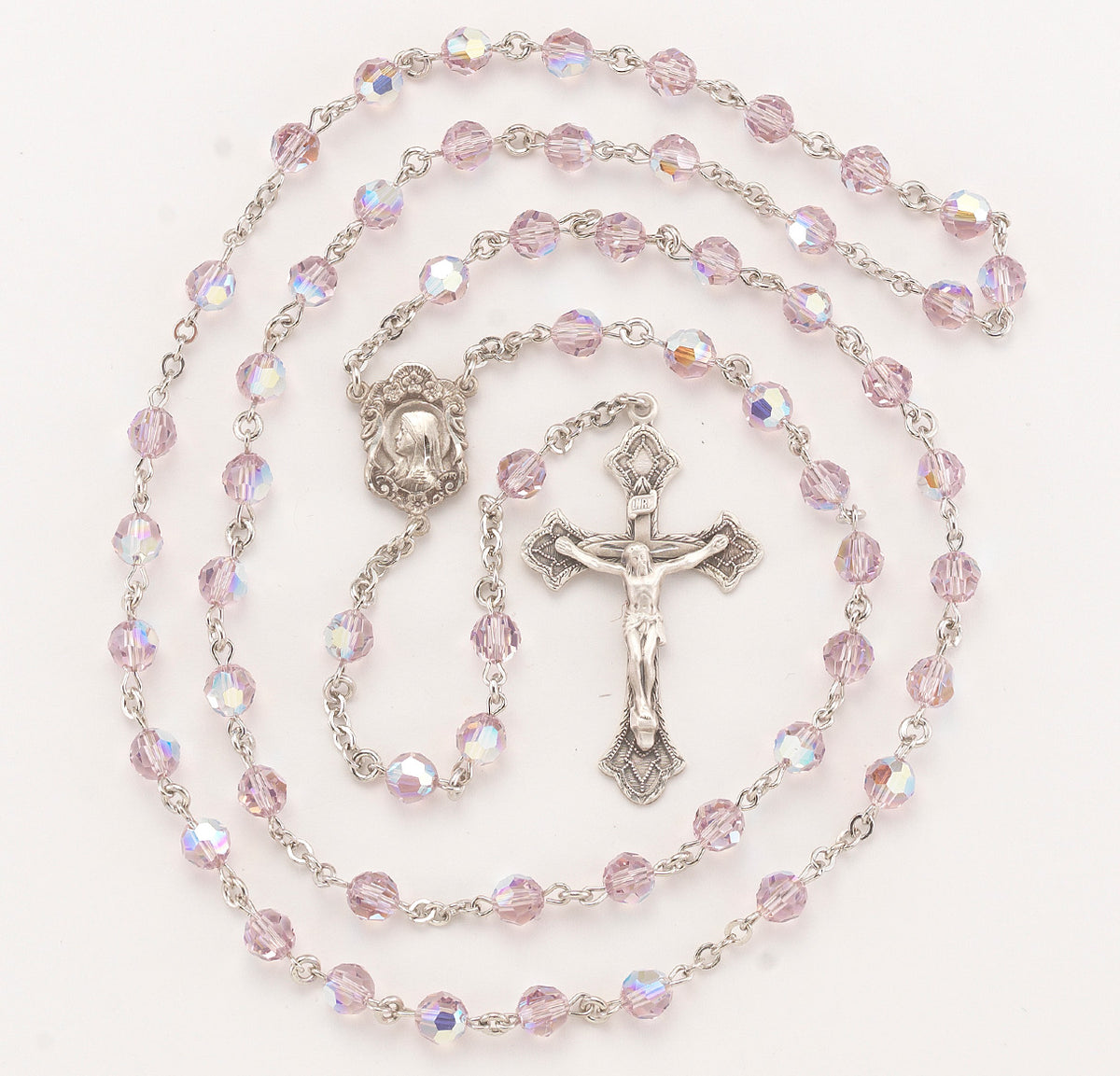 6mm Light Amethyst Swarovski Crystal Rosary, Sterling Silver Crucifix and Center