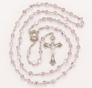 6mm Light Amethyst Swarovski Crystal Rosary, Sterling Silver Crucifix and Center