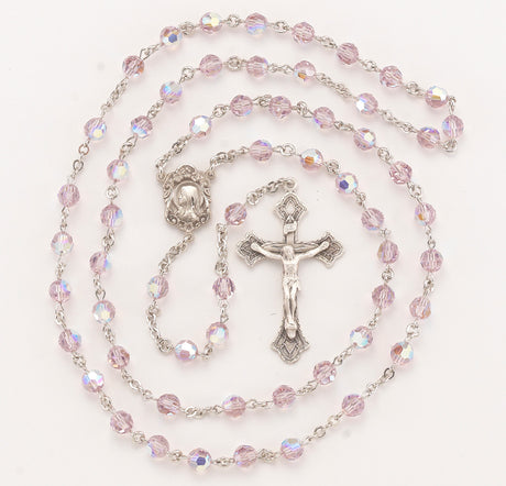 6mm Light Amethyst Swarovski Crystal Rosary, Sterling Silver Crucifix and Center
