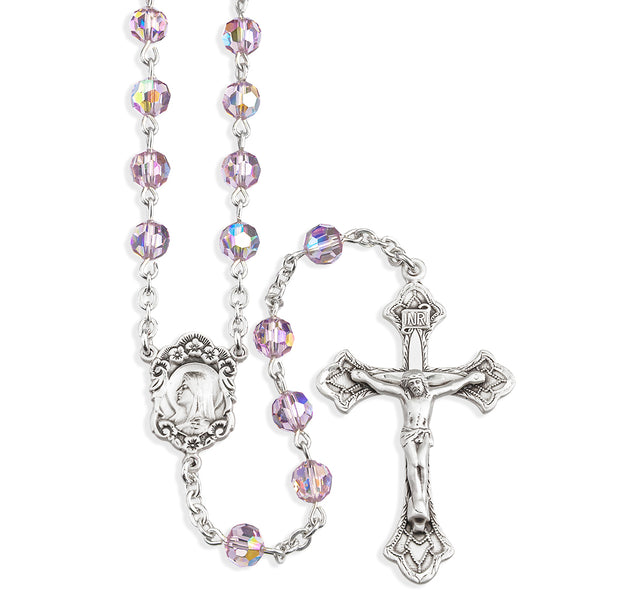 6mm Light Amethyst Swarovski Crystal Rosary, Sterling Silver Crucifix and Center