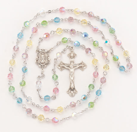 6mm Multi-Color Swarovski Crystal Rosary, Sterling Silver Crucifix and Center