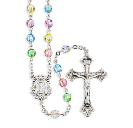 6mm Multi-Color Swarovski Crystal Rosary, Sterling Silver Crucifix and Center