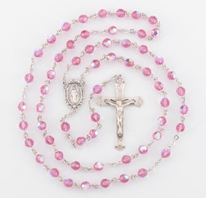 6mm Pink Swarovski Crystal Rosary, Sterling Silver Crucifix and Center