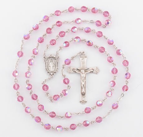6mm Pink Swarovski Crystal Rosary, Sterling Silver Crucifix and Center