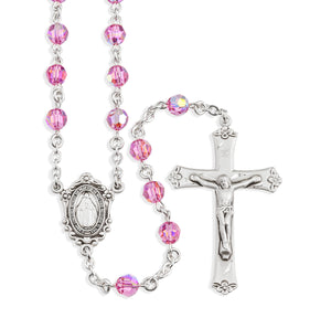 6mm Pink Swarovski Crystal Rosary, Sterling Silver Crucifix and Center