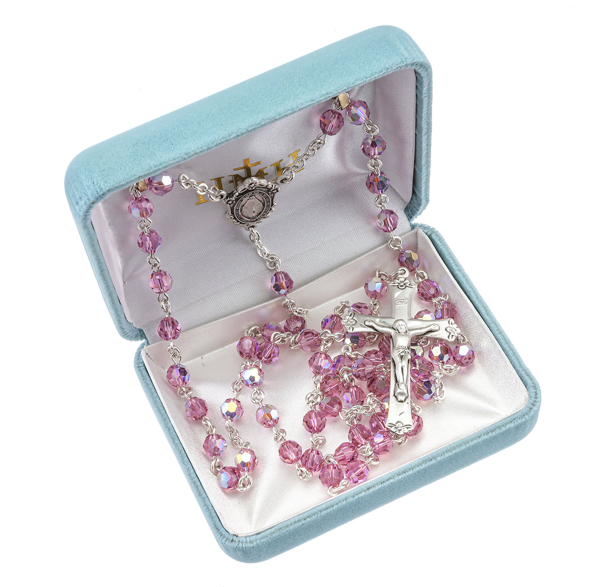 6mm Pink Swarovski Crystal Rosary, Sterling Silver Crucifix and Center
