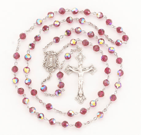 6mm Ruby Swarovski Crystal Rosary, Sterling Silver Crucifix and Center