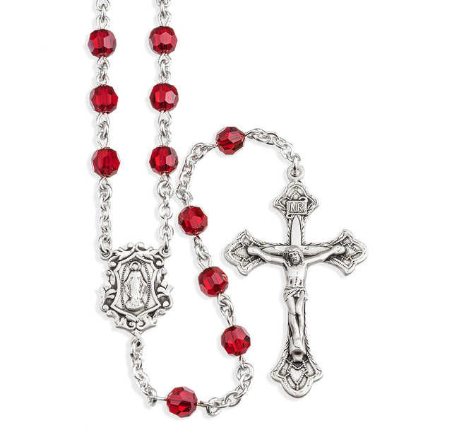 6mm Ruby Swarovski Crystal Rosary, Sterling Silver Crucifix and Center