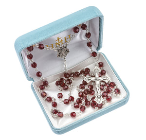 6mm Ruby Swarovski Crystal Rosary, Sterling Silver Crucifix and Center