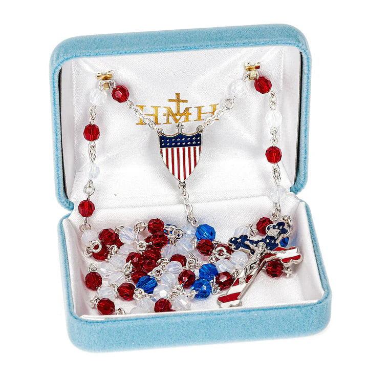 USA Patriotic Rosary | Sterling Silver & Austrian Crystal | Handmade in USA