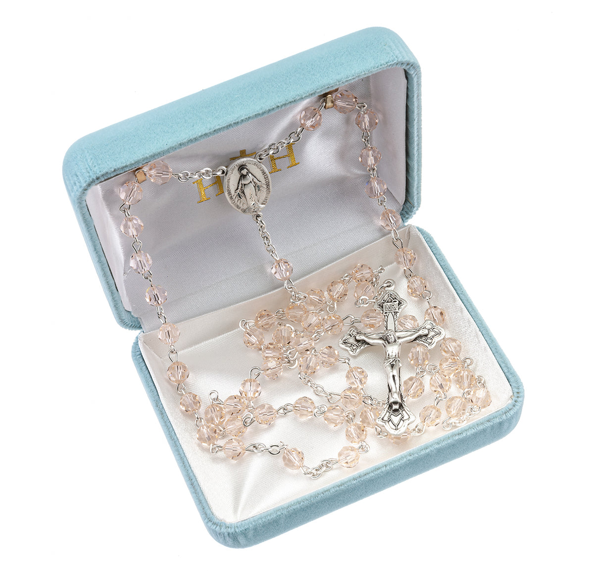 6mm Silk Swarovski Crystal Rosary, Sterling Silver Crucifix and Center