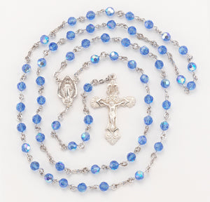 6mm Sapphire Swarovski Crystal Rosary, Sterling Silver Crucifix and Center