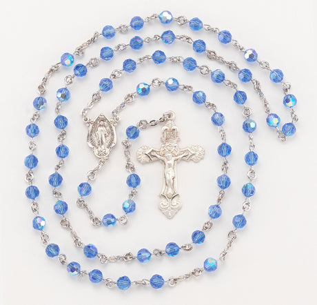 6mm Sapphire Swarovski Crystal Rosary, Sterling Silver Crucifix and Center