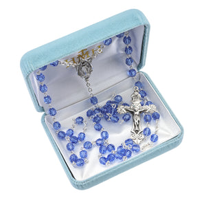 6mm Sapphire Swarovski Crystal Rosary, Sterling Silver Crucifix and Center