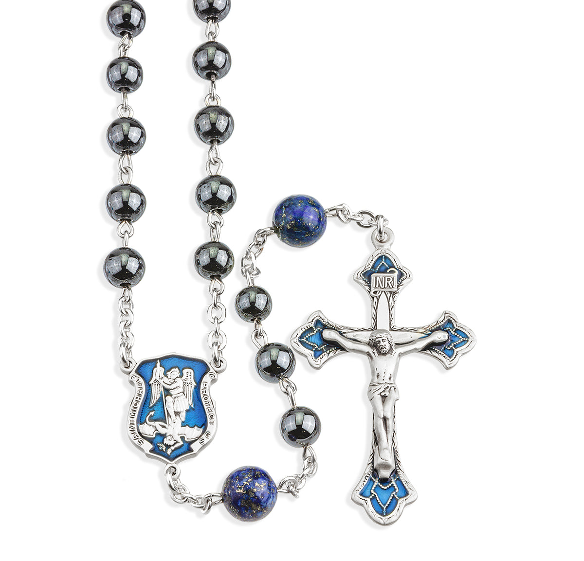 Police Rosary with 6mm Genuine Hematite Beads, Rhodium Plated