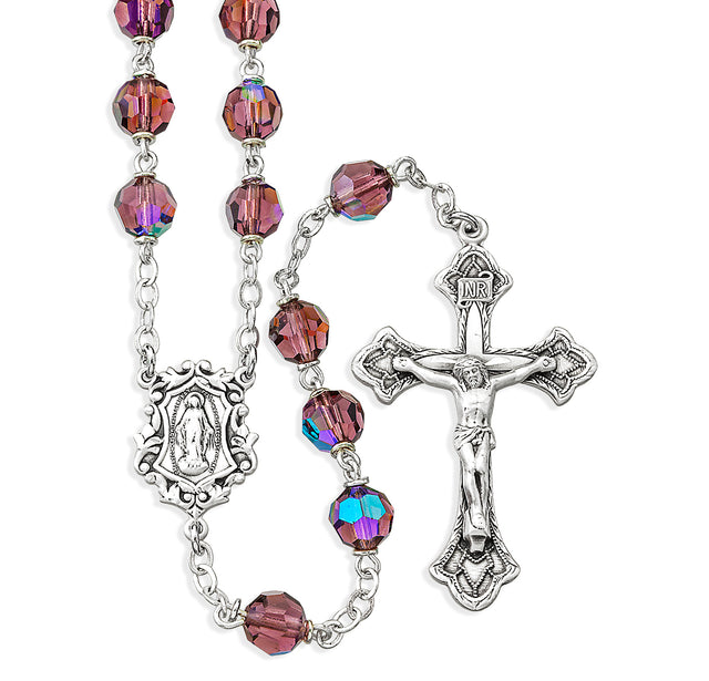 7mm Amethyst Crystal Czech Aurora Bead Rosary, Sterling Silver Crucifix and Center