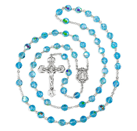 7mm Aqua Crystal Czech Aurora Bead Rosary, Sterling Silver Crucifix and Center