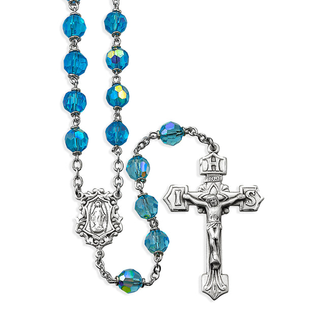 7mm Aqua Crystal Czech Aurora Bead Rosary, Sterling Silver Crucifix and Center