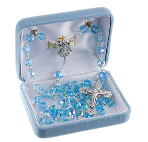7mm Aqua Crystal Czech Aurora Bead Rosary, Sterling Silver Crucifix and Center
