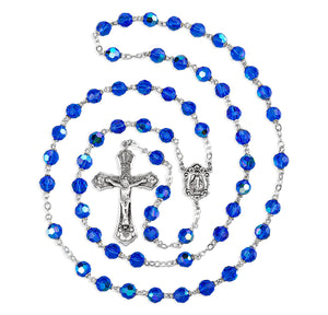 7mm Bermuda Blue Crystal Czech Aurora Bead Rosary, Sterling Silver Crucifix and Center