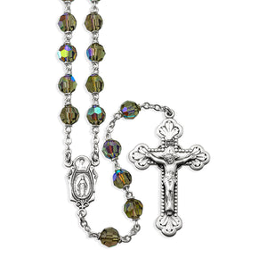 7mm Bermuda Diamond Crystal Czech Aurora Bead Rosary, Sterling Silver Crucifix and Center