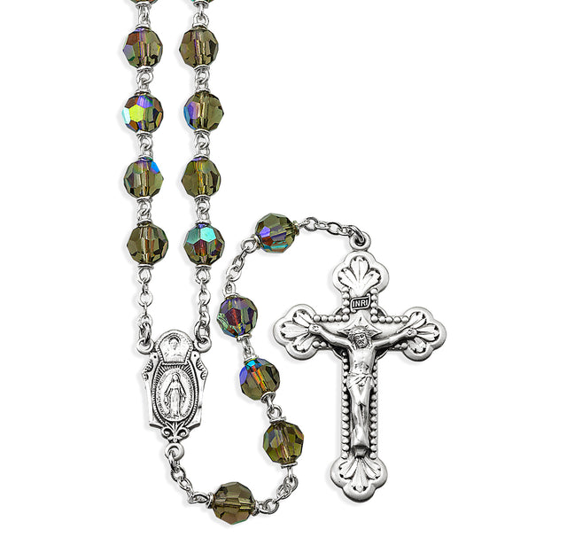 7mm Bermuda Diamond Crystal Czech Aurora Bead Rosary, Sterling Silver Crucifix and Center