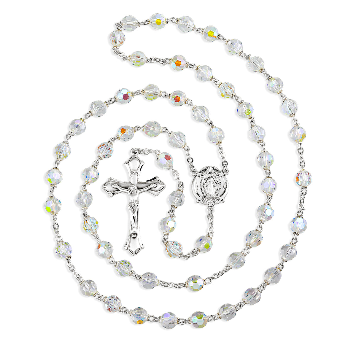 7mm Crystal Czech Aurora Bead Rosary, Sterling Silver Crucifix and Center