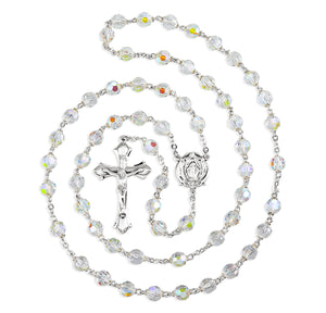 7mm Crystal Czech Aurora Bead Rosary, Sterling Silver Crucifix and Center