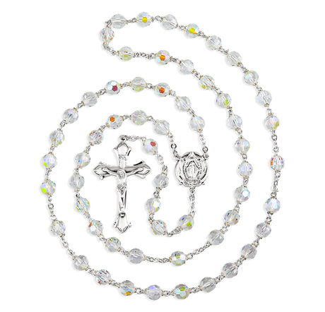 7mm Crystal Czech Aurora Bead Rosary, Sterling Silver Crucifix and Center