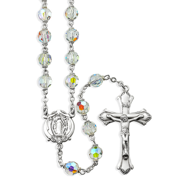 7mm Crystal Czech Aurora Bead Rosary, Sterling Silver Crucifix and Center