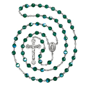 7mm Emerald Crystal Czech Aurora Bead Rosary, Sterling Silver Crucifix and Center