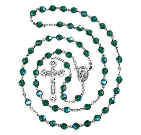 7mm Emerald Crystal Czech Aurora Bead Rosary, Sterling Silver Crucifix and Center