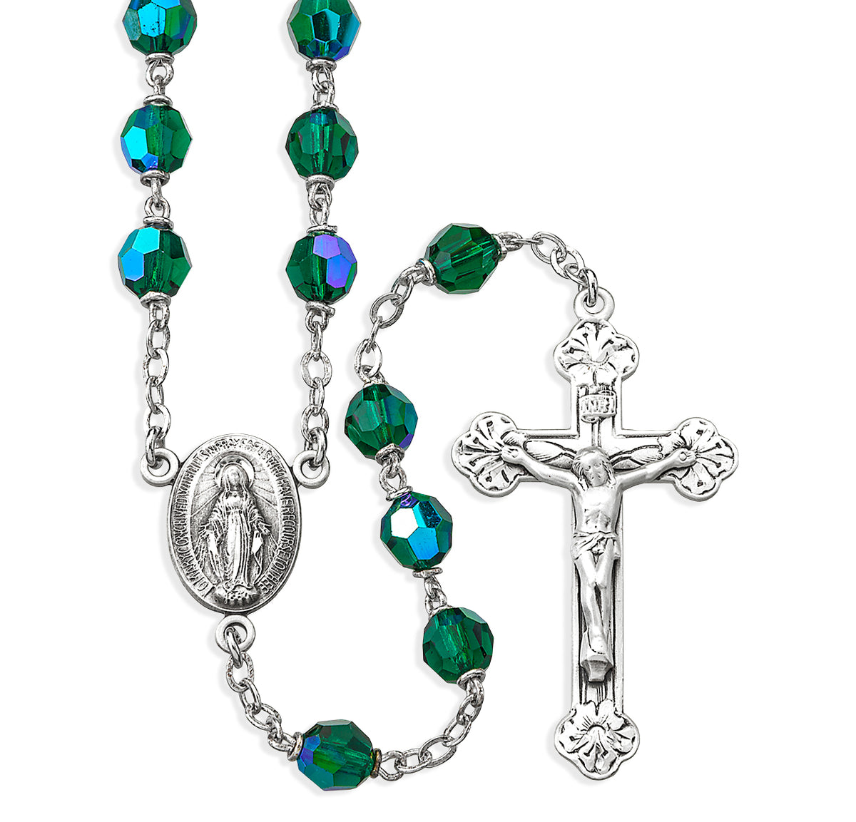 7mm Emerald Crystal Czech Aurora Bead Rosary, Sterling Silver Crucifix and Center