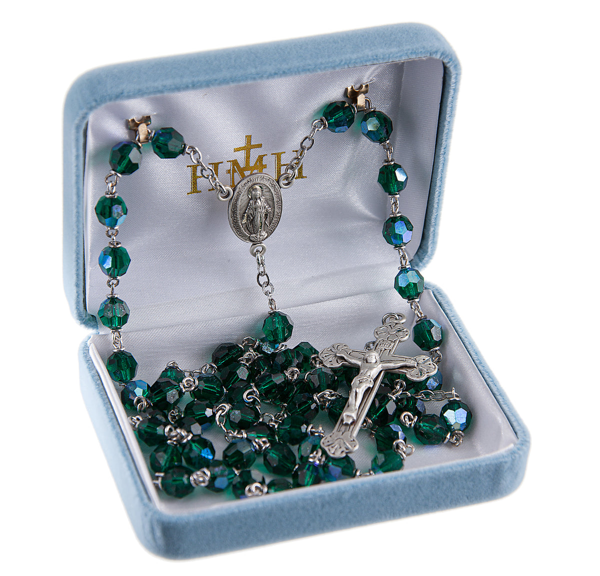 7mm Emerald Crystal Czech Aurora Bead Rosary, Sterling Silver Crucifix and Center