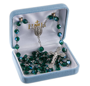 7mm Emerald Crystal Czech Aurora Bead Rosary, Sterling Silver Crucifix and Center
