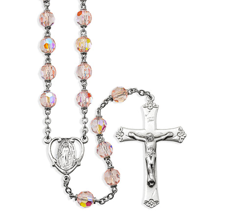 7mm Light Rose Crystal Czech Aurora Bead Rosary, Sterling Silver Crucifix and Center