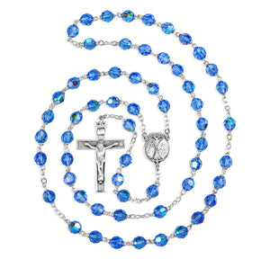 7mm Light Sapphire Crystal Czech Aurora Bead Rosary, Sterling Silver Crucifix and Center