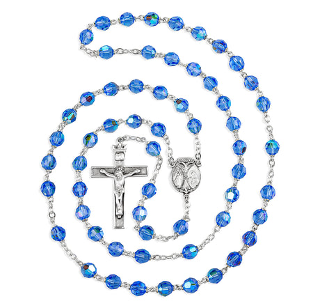 7mm Light Sapphire Crystal Czech Aurora Bead Rosary, Sterling Silver Crucifix and Center